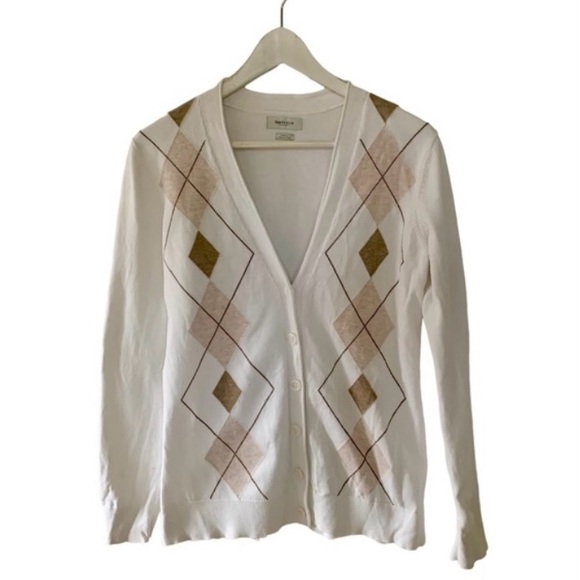 Van Heusen Argyle Knit Cardigan Women Size Small Cream Brown Cotton V Neck - Picture 10 of 10